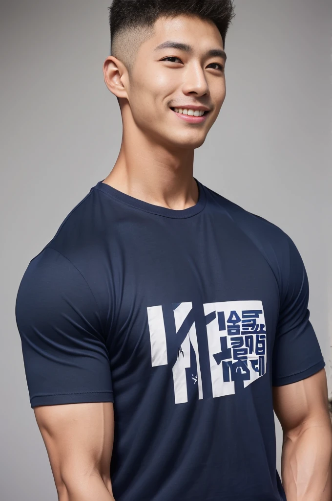 A handsome men ,20 age , Short Hair Hair, korea , Student，(((Wear a navy T-shirt without stripes.....................))),  front-view, smile ,Pectoral muscles, Wide shoulders ,athlete , Upper body (1),  It's raining: 1.3, road: 1.2, body dripping wet: 1.1,