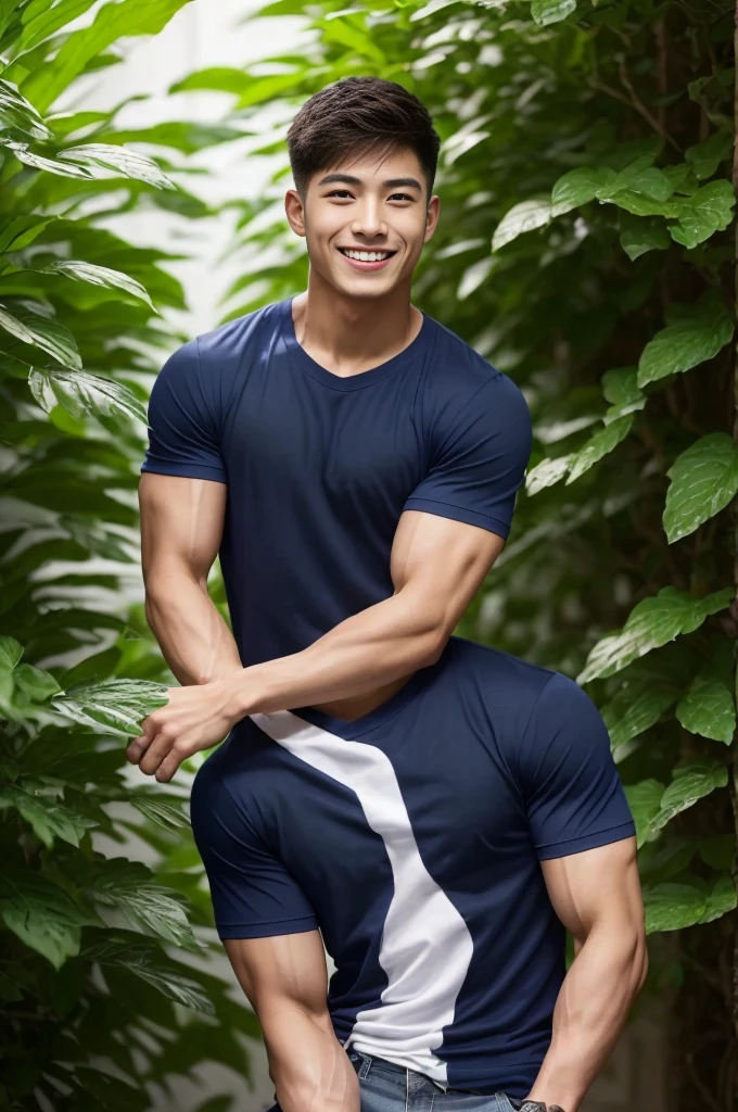 A handsome men ,20 age , Short Hair Hair, korea , Student,(((Wear a navy T-shirt without stripes.....................))), front-view, smile ,Pectoral muscles, Wide shoulders ,athlete , Upper body (1), It's raining: 1.3, road: 1.2, body dripping wet: 1.1,