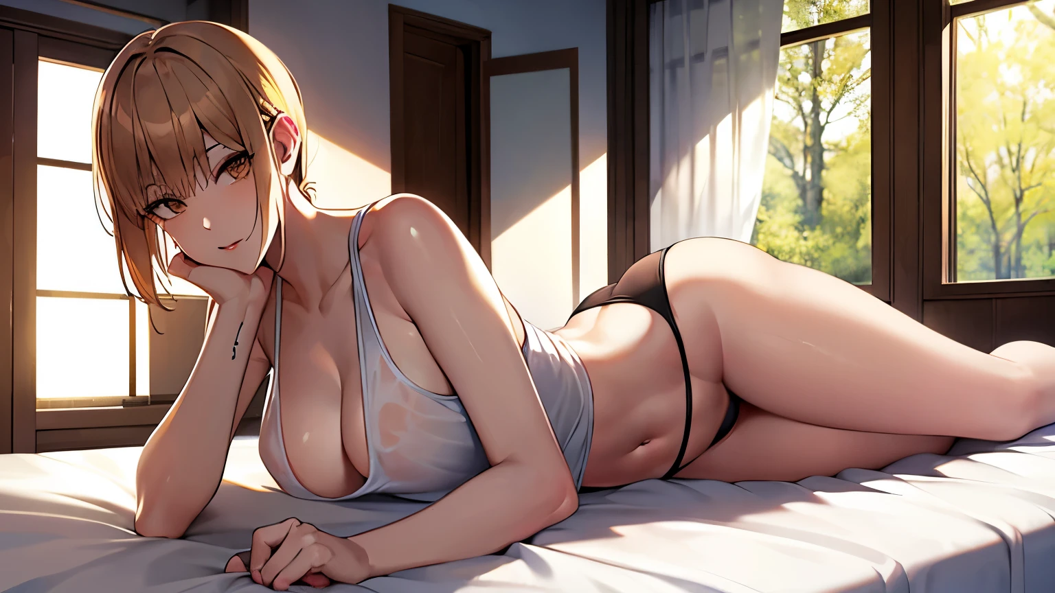Slender woman, white and transparent skin, Nails on every finger, Nipples are almost visible but not visible,White tank top,tight thong, Nails on all fingers on bare feet, Blonde Hair ,, short hair, Brown eyes,On the bed by the window with sunlight filtering through the trees, Lying down and listening to music with earphones,