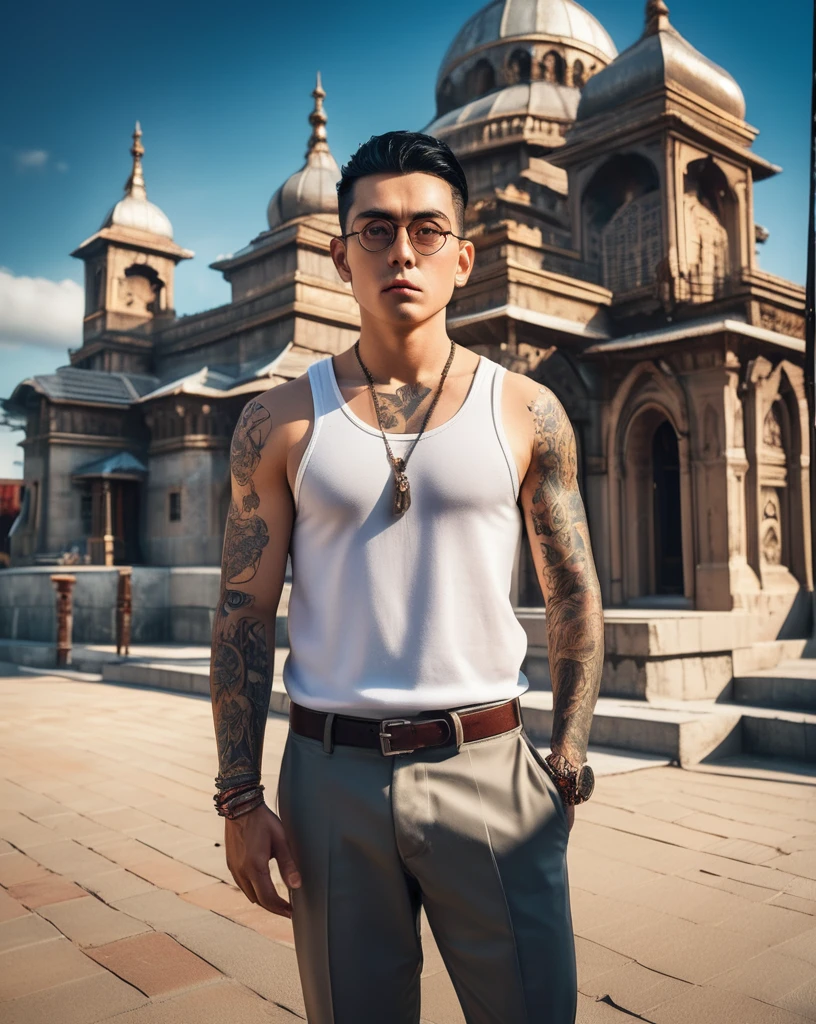 ultra wide angle shot,cinematic style,8k,RAW photo,photo-realistic,masterpiece,best quality,highres,extremely detailed,intricate details,absurdres resolution,High quality texture,detailed texture,vivid color,professional lighting,radiosity,photon mapping,physically-based rendering,High quality shadow,Ray tracing,hdr,sharp edges,Nobi Nobita covered in tattoos,Nobi Nobita,muscular Nobi Nobita,vector style,illustration style,