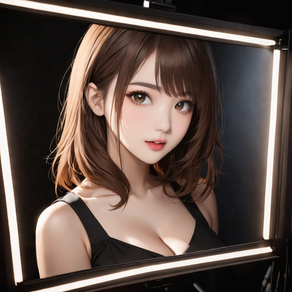 Beautiful female K-POP idols, Huge breasts, Big cleavage, I see her face, Close-up portrait, Shot with Sony A1, 85mm F/1. 4 ISO100, Medium format, 45 megapixels, Studio Lighting, Softbox, High shutter speed flash photography, Award-winning photo with golden ratio composition, View the viewer