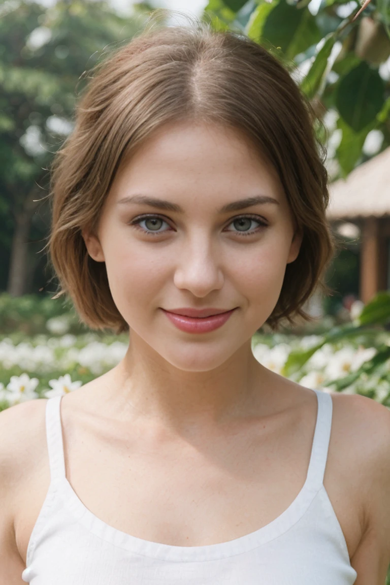 ((Closeup of sexy muse girl in front of Guangdong flower garden, wear new white women's sleeveless t-shirt)),details of her face and skin, sharp focus on her face, perfect lighting on her face, short hair, bangs, (High nose)), (red lips, white teeth), ((small breats)), (blue eyes:1,6), ((dimpled smile:1,6 )),((sharp focus on her face)), Looking at the audience