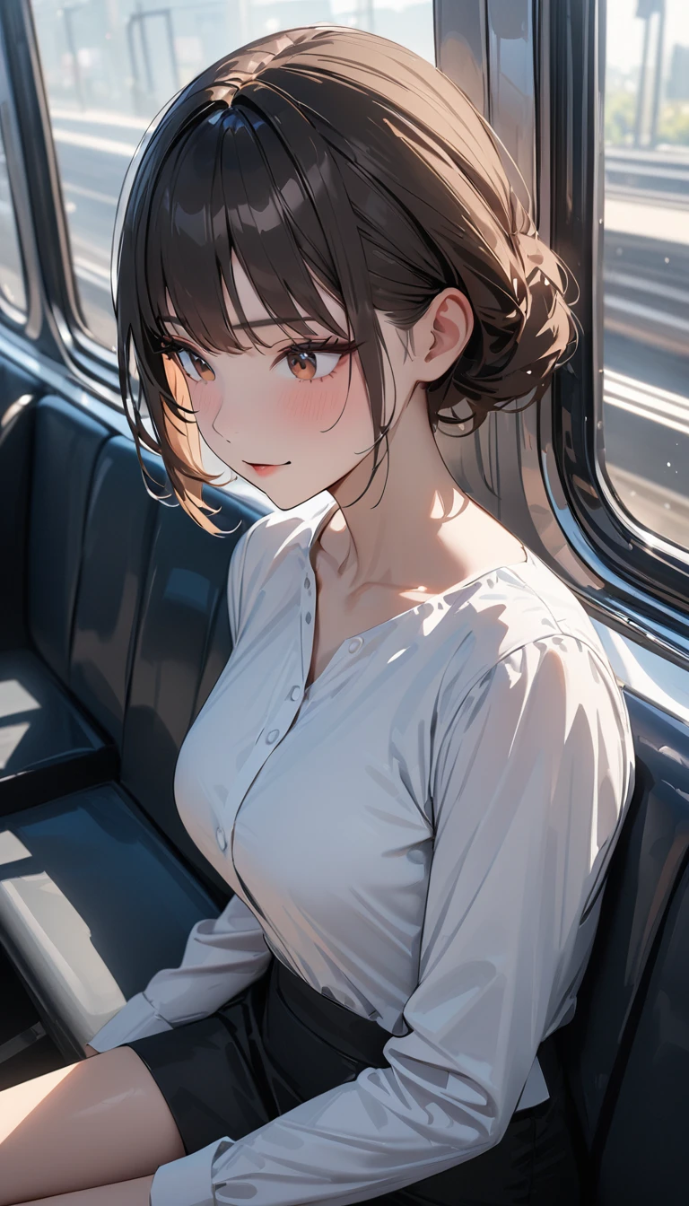 masterpiece , modern, Verism, masterpiece, super detail, best quality, 4K , a woman , dark brown hair, wearing white blouse ,sitting seat ,in train.