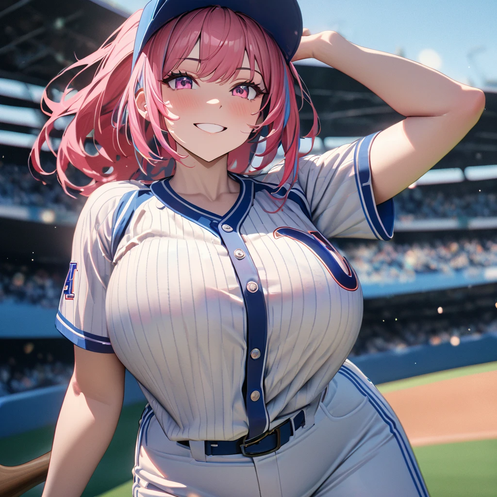 A woman wearing a baseball uniform, white shirt with a blue stripe, white sports shorts with a blue stripe, sports shoes, on a baseball field, holding a baseball bat, hot pink hair, gray bangs, multicolored hair, pink eyes, smiling, Big breasts, wearing a blue sports hat, standing upright(solo woman) ,UHD , prime work , accurate , anatomically correct , textured skin , super details , high quality , best quality, 8k, high resolution, bokeh effect,
