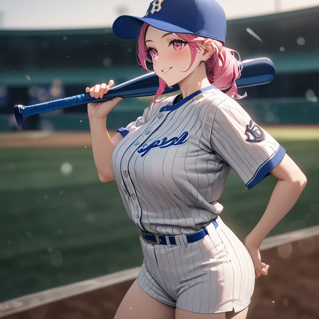 A woman wearing a baseball uniform, white shirt with a blue stripe, white sports shorts with a blue stripe, sports shoes, on a baseball field, holding a baseball bat, hot pink hair, gray bangs, multicolored hair, pink eyes, smiling, Big breasts, wearing a blue sports hat, standing upright(solo woman) ,UHD , prime work , accurate , anatomically correct , textured skin , super details , high quality , best quality, 8k, high resolution, bokeh effect,
