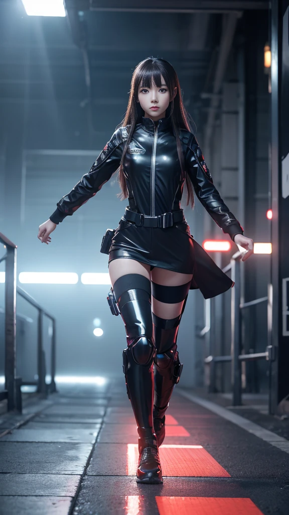 high resolution,8k,1女の子のDetailed,The head, body and even the feet are facing me., Cyberpunk Costume,Only black clothing,The costume is shiny,The whole figure is facing this way and riding a racing kart,Shiny red long hair,8k,Detailed目,detailed Digital Art, Digital Art, Photorealistic anime girl rendering, Digital anime illustration, Smooth CG art, Digital Art,Detailedアート, Style 8K, Detailed,The background is white only,