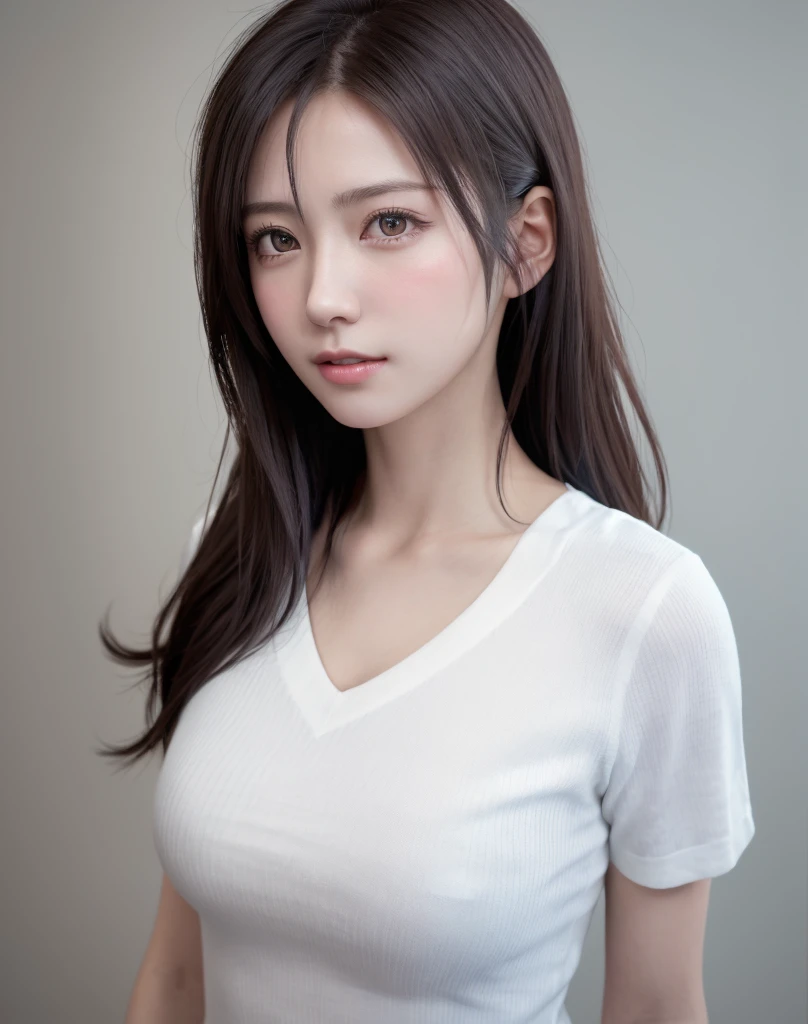 (masutepiece, Best Quality,:1.2), 1girl in, (Solo:1.3), Upper body, White shirt, Short sleeves, , (waifu, Realistic, Real life, exceptional, Best aesthetic, new, newest, Best Quality, masutepiece:1.2), Soft_Lighting, Soft_skin_Tone, feminine_hair, (White background, Simple background,:1.2),