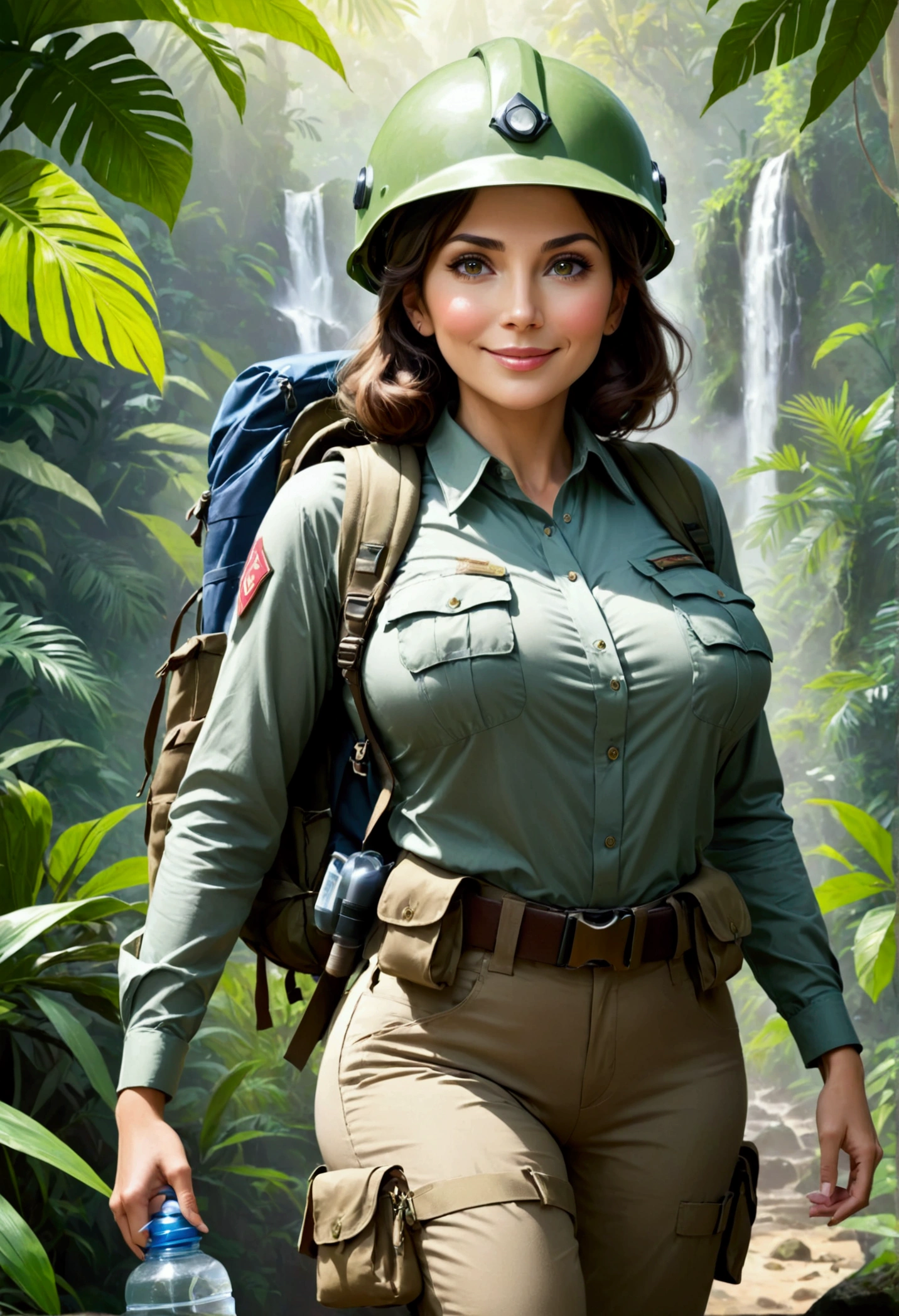 RAW, Best quality, high resolution, masterpiece: 1.3), Elegant MILF on Jungle Adventure (iu:0.8), Best quality, high resolution, Masterpiece: 1.3, Alluring Mature Woman, Masterpiece, Confident Smile, Realistic, 1woman, Mesmerizing Eyes, Radiant Eyes, Parted Lips, Elegant MILF, Full-length, Captivating Figure, Aesthetics of the Female Body, Jungle Explorer, Embarking on Adventure, Wearing Long Sleeve Shirts, Long Pants, Protective Helmet, Backpack, Water bottle, Mountain sword, big ,