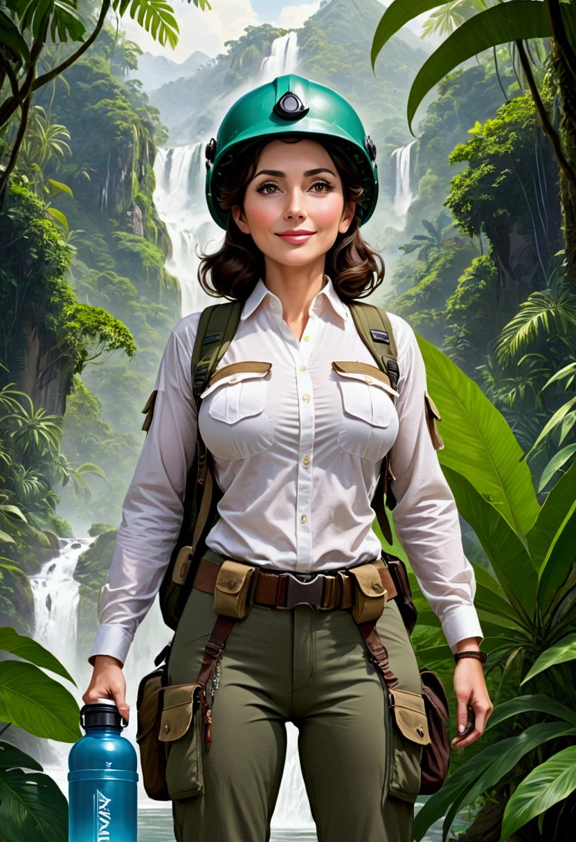 RAW, Best quality, high resolution, masterpiece: 1.3), Elegant MILF on Jungle Adventure (iu:0.8), Best quality, high resolution, Masterpiece: 1.3, Alluring Mature Woman, Masterpiece, Confident Smile, Realistic, 1woman, Mesmerizing Eyes, Radiant Eyes, Parted Lips, Elegant MILF, Full-length, Captivating Figure, Aesthetics of the Female Body, Jungle Explorer, Embarking on Adventure, Wearing Long Sleeve Shirts, Long Pants, Protective Helmet, Backpack, Water bottle, Mountain sword, big ,