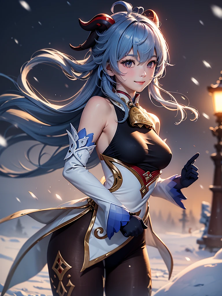 [ganyudef]:1.5,((masterpiece,highest quality,Detailed images,Beautiful images))1.4(ganyu images、 hose:1.2、smiWestern-style snow town、morning、Snowflakes drifting all around、The wind is blowing、Bright lighting overall、Backlight、A fantastic atmosphere、Thick Fog)1.1(Beautiful body lines、small beauty breasts、ul side breasts)
