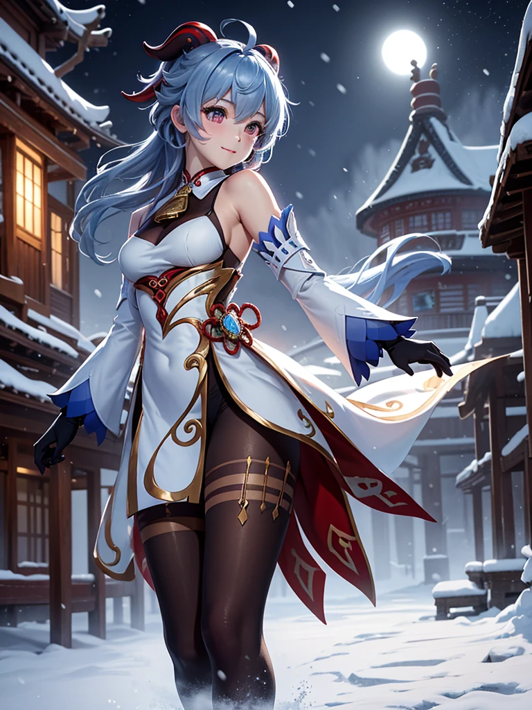 [ganyudef]:1.5,((masterpiece,highest quality,Detailed images,Beautiful images))1.4(ganyu images、panty hose:1.2、smile、Western-style snow town、morning、Snowflakes drifting all around、The wind is blowing、Bright lighting overall、Backlight、A fantastic atmosphere、Thick Fog)1.1(Beautiful body lines、small beauty breasts、Beautiful side breasts)
