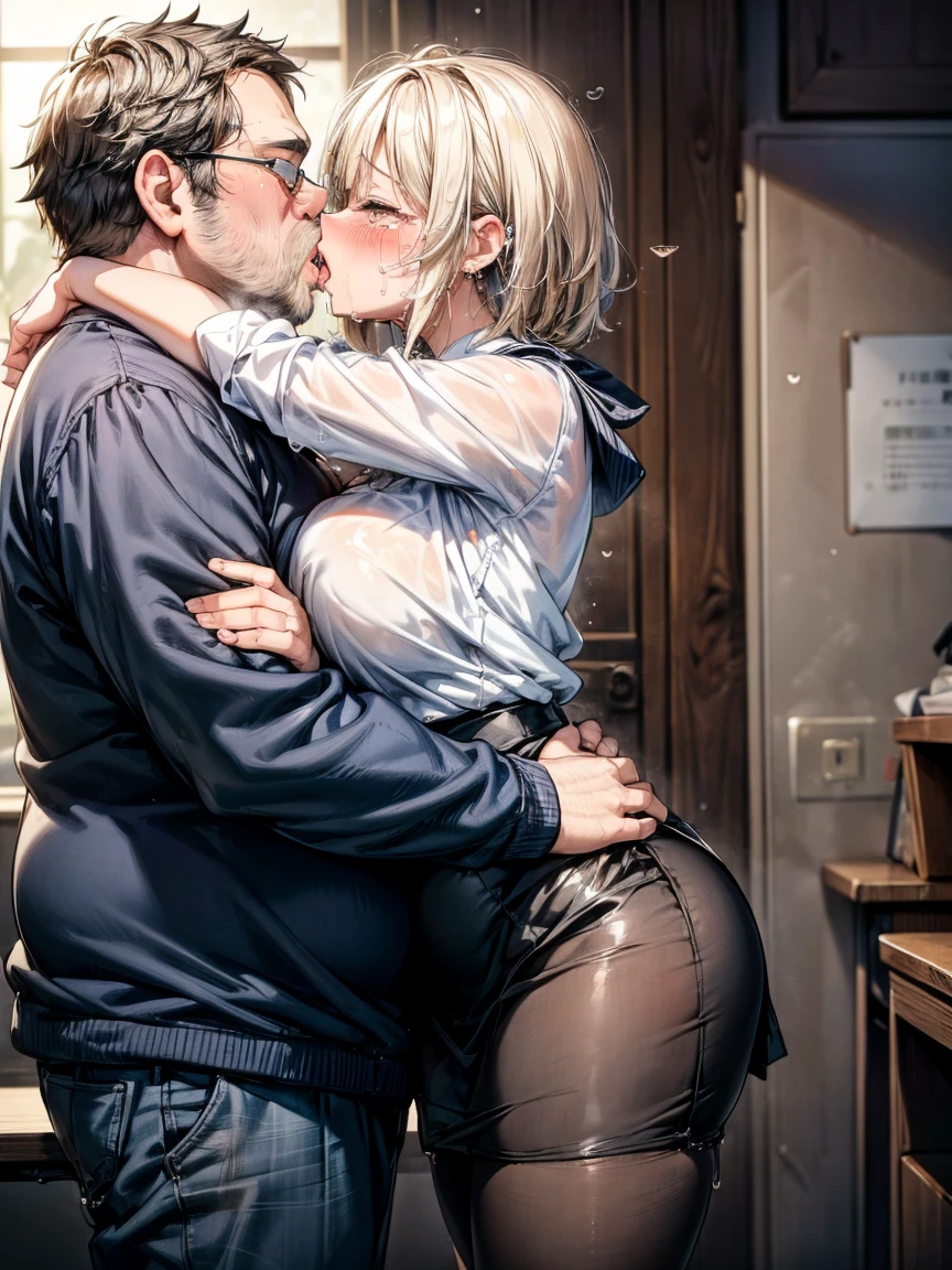 (girl, Fat middle-aged man:1.2), 破れたpantyhose、pantyhose、White shirt、Pencil Skirt、blush、(kiss)、(hug)、office、Very detailed、High Resolution度、4K、masterpiece、High Resolution、(tears:1.8)、(Clothes are see-through:1.2)、heart、(Side view)、Sticking out tongue