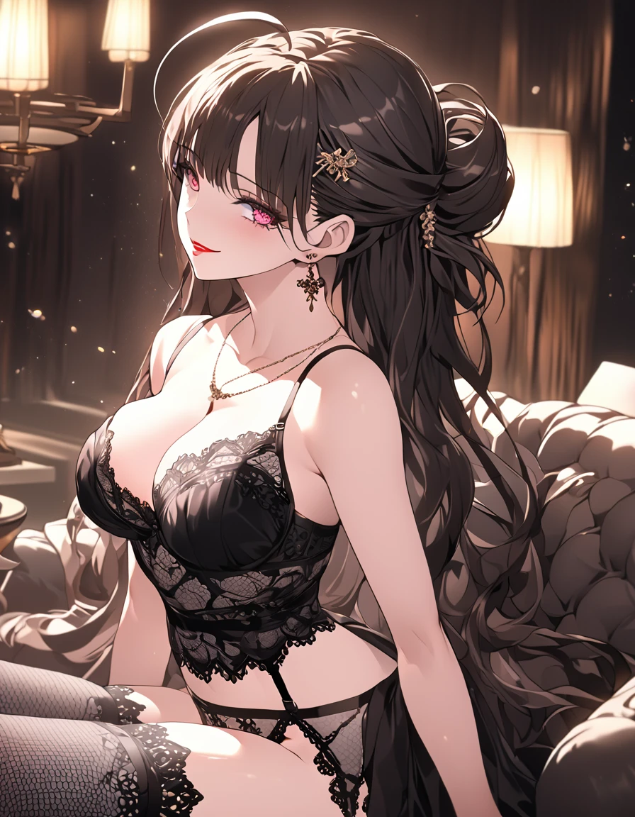 Shy and seductive look Contemptuous eyes Sexy Body Clear Eyes Round eyes Sit in a luxurious chair office lady Japanese women Manga illustration Beautiful and firm breasts Beautiful E Cup Breasts the body is slim Highest quality 4K Chignon Hairstyle Hair tied up Medium Long Hair Light brown black hair hair ornaments necklace Hotel with a great night view Simple Background Seductive pose garter belt Black lace stockings Earrings 派手なnecklace Fine details Beautiful anime illustrations Beautiful Face alone High resolution, One Girl, Highest quality, Attention to detail, Slightly parted lips Seductive red lips Professional, Vibrant colors, Perfect Anatomy, ideal facial features, 理想的なProfessionalポーションの図, Perfectly beautiful body, Highly detailed skin, Glowing Skin, Glowing Skin, Cleavage, Captivating smile)),Sexy see-through pink lace bra,Obscene pink thong, (Attractive 35 year old Japanese widow,)High heels Miss Soapland Mature hot body Sitting in a luxurious chair Contemptuous eyes Sparkle Effect, Anime Style, Cinematography, Bewitching nail art Dimly lit room Ahoge, Sex Appeal