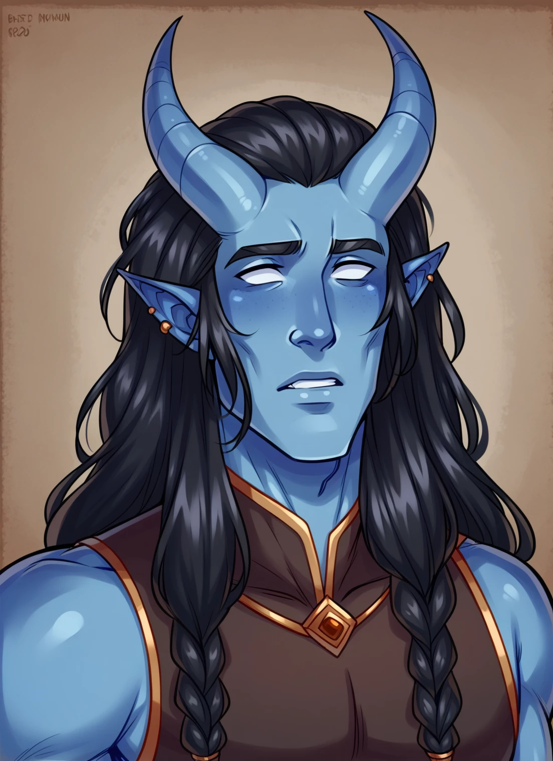 ((best quality))) (((HD))) (((8k))) (character) 20-year-old man adventurous tiefling, black hair and long hair, blue skin,