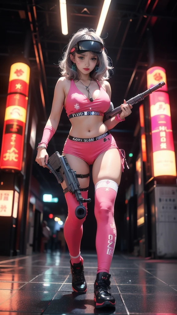 Cute Japanese female, (), (Very cute face: 1.3), Red lips, White moist skin, Melancholic expression,
BREAK,
(Beautiful belly button), (White skin),
BREAK,
(Head mounted display: 1.3), Shining, VR glasses, Vaporwave,
BREAK,
(Medium hair), (Bangs: 1.2), (Gray pink hair: 1.3), (Wavy hair),
BREAK,
(Very big machine gun: 1.4), (Holding machine gun: 1.3), (Fighting: 1.2), (Taking fighting stance), (Firing machine gun: 1.2)
BREAK,
Masterpiece, Perfect lighting, Ultra high resolution, 8K, (Very detailed: 1.4), (From the front), Looking at camera, (Full body), (Geometric), (Symmetrical),
BREAK,
(Neon light: 1.2),