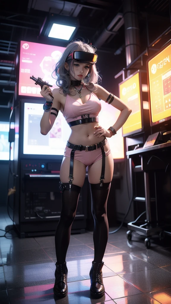 Cute Japanese female, (), (Very cute face: 1.3), Red lips, White moist skin, Melancholic expression,
BREAK,
(Beautiful belly button), (White skin),
BREAK,
(Head mounted display: 1.3), Shining, VR glasses, Vaporwave,
BREAK,
(Medium hair), (Bangs: 1.2), (Gray pink hair: 1.3), (Wavy hair),
BREAK,
(Very big machine gun: 1.4), (Holding machine gun: 1.3), (Fighting: 1.2), (Taking fighting stance), (Firing machine gun: 1.2)
BREAK,
Masterpiece, Perfect lighting, Ultra high resolution, 8K, (Very detailed: 1.4), (From the front), Looking at camera, (Full body), (Geometric), (Symmetrical),
BREAK,
(Neon light: 1.2),