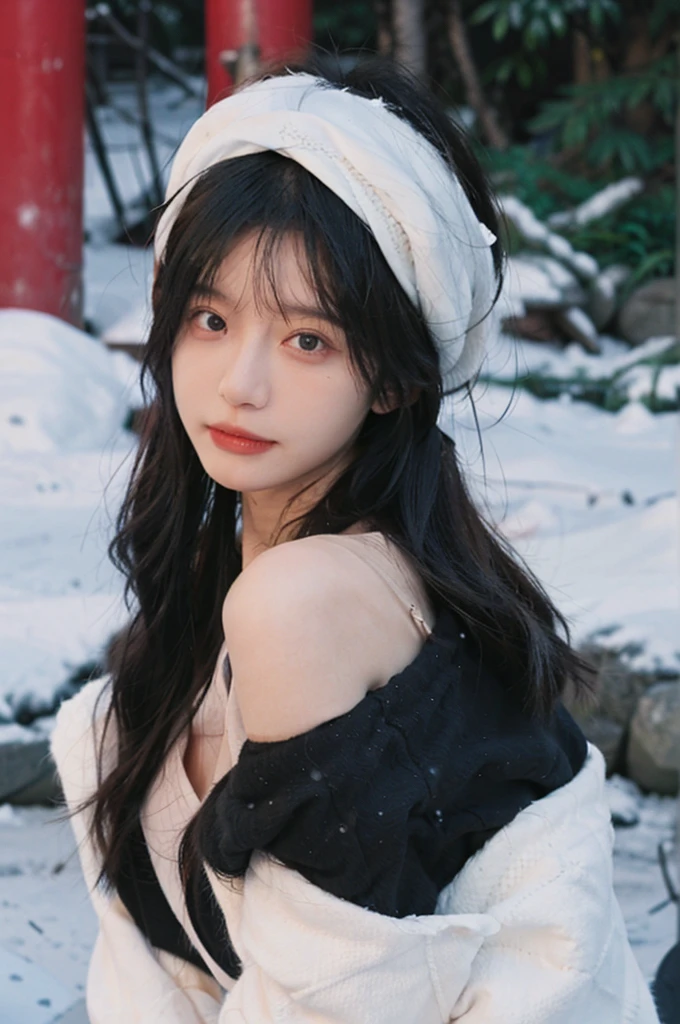 Portrait photography,1 girl,Snow Scene,Snowing background,Push-up non-slip tube top ,(whole body:1.4),Lipstick,(Big Breasts:1.4),Headband,serene,calm,(Realistic and detailed eyes,Natural skin texture,Realistic facial details),