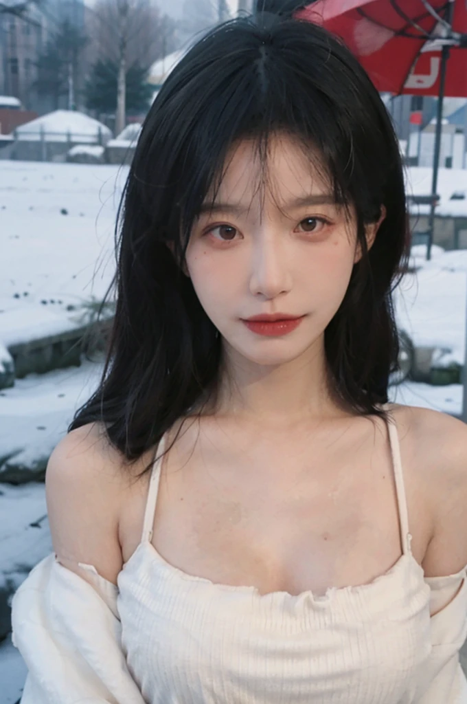 Portrait photography,1 girl,Snow Scene,Snowing background,Push-up non-slip tube top ,(whole body:1.4),Lipstick,(Big Breasts:1.4),Headband,serene,calm,(Realistic and detailed eyes,Natural skin texture,Realistic facial details),