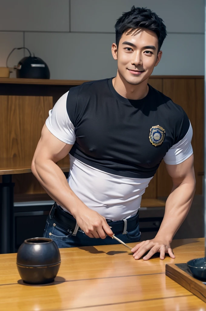 (Create a masterpiece:1.2),(CGI art:1.3),(realistic:1.5),(After processing:1.3),(Sharp focus:1.3),1 man ,(black hair) ,smile,(Wear color navy round neck T-shirt), (with a Police badge:1.3),Navy blue jeans,Korean guy,korean men,(High gloss details),chest muscles,large arm muscles,blood vessel,Big muscles,Broad shoulders,looking at the audience,Balancing the eyes,(Lind has a dining table:1.3),