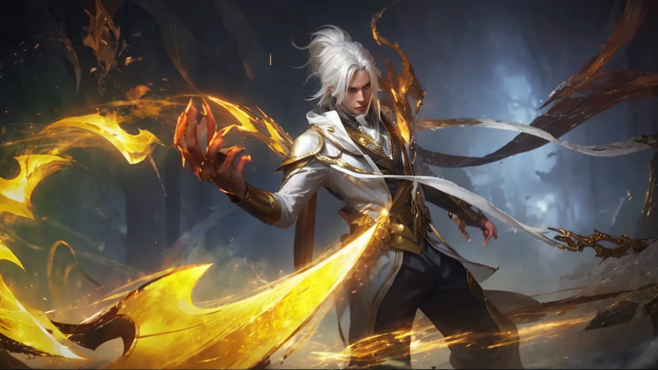 The picture shows the character of a handsome man with white hair, dressed in white and gold, holding a golden sword. She was surrounded by a magical aura and had an expression full of grace.