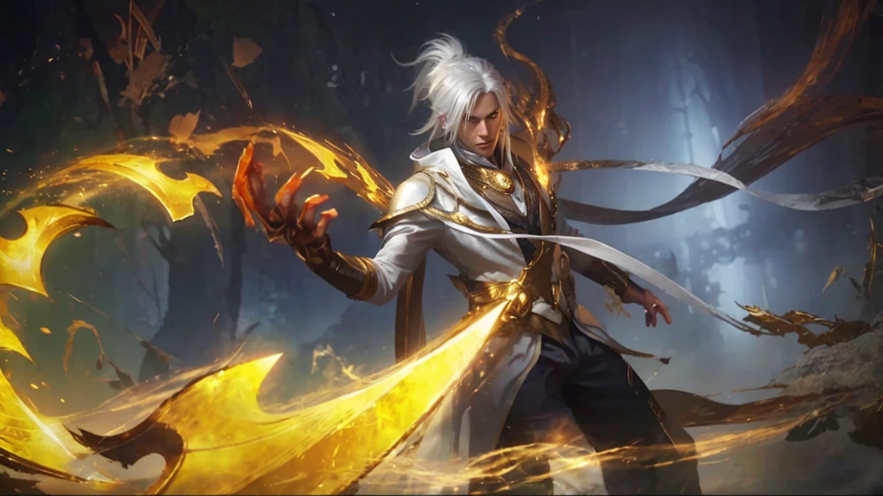 The picture shows the character of a handsome man with white hair, dressed in white and gold, holding a golden sword. She was surrounded by a magical aura and had an expression full of grace.