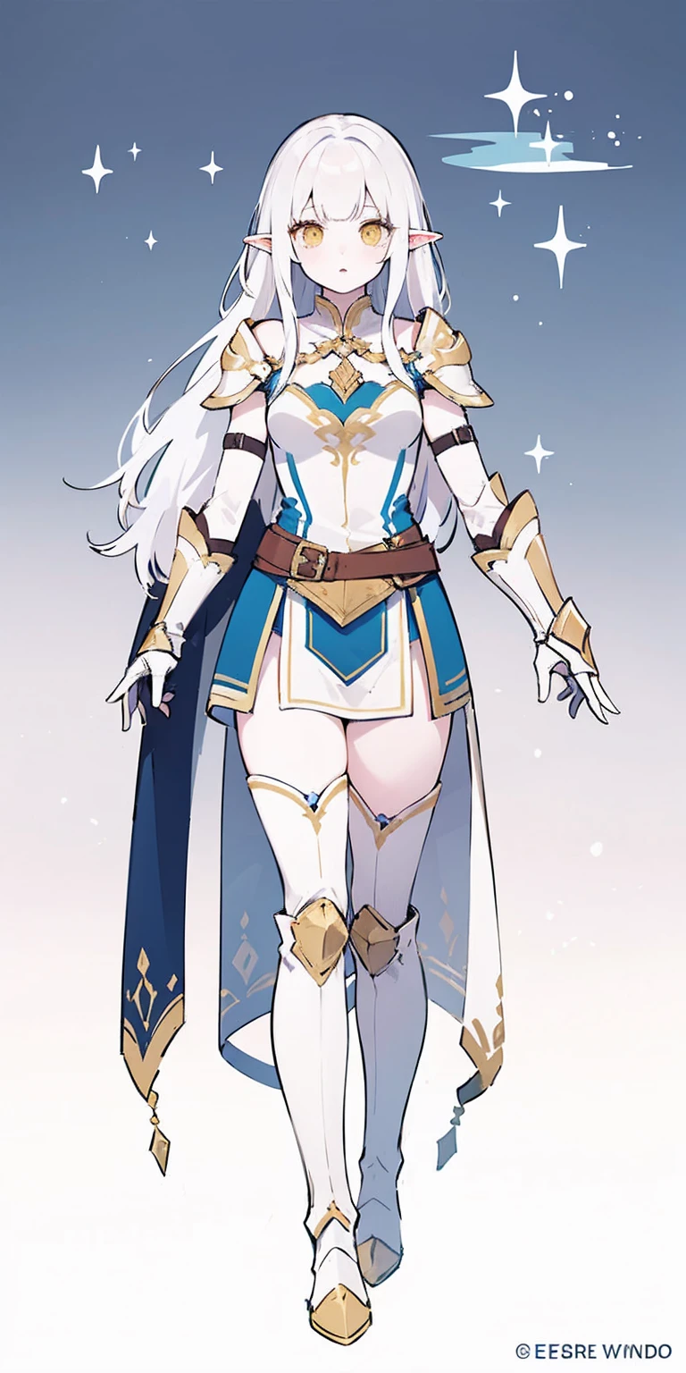 masterpiece, best quality, high quality, white SKIN elf, long hair, white hair, yellow eyes, full body, def_effie, blue breastplate, white skin, looking at viewer, shiny, armor, thigh highs, high boots, shoulder armor, faulds, poleyn, gloves, gauntlets