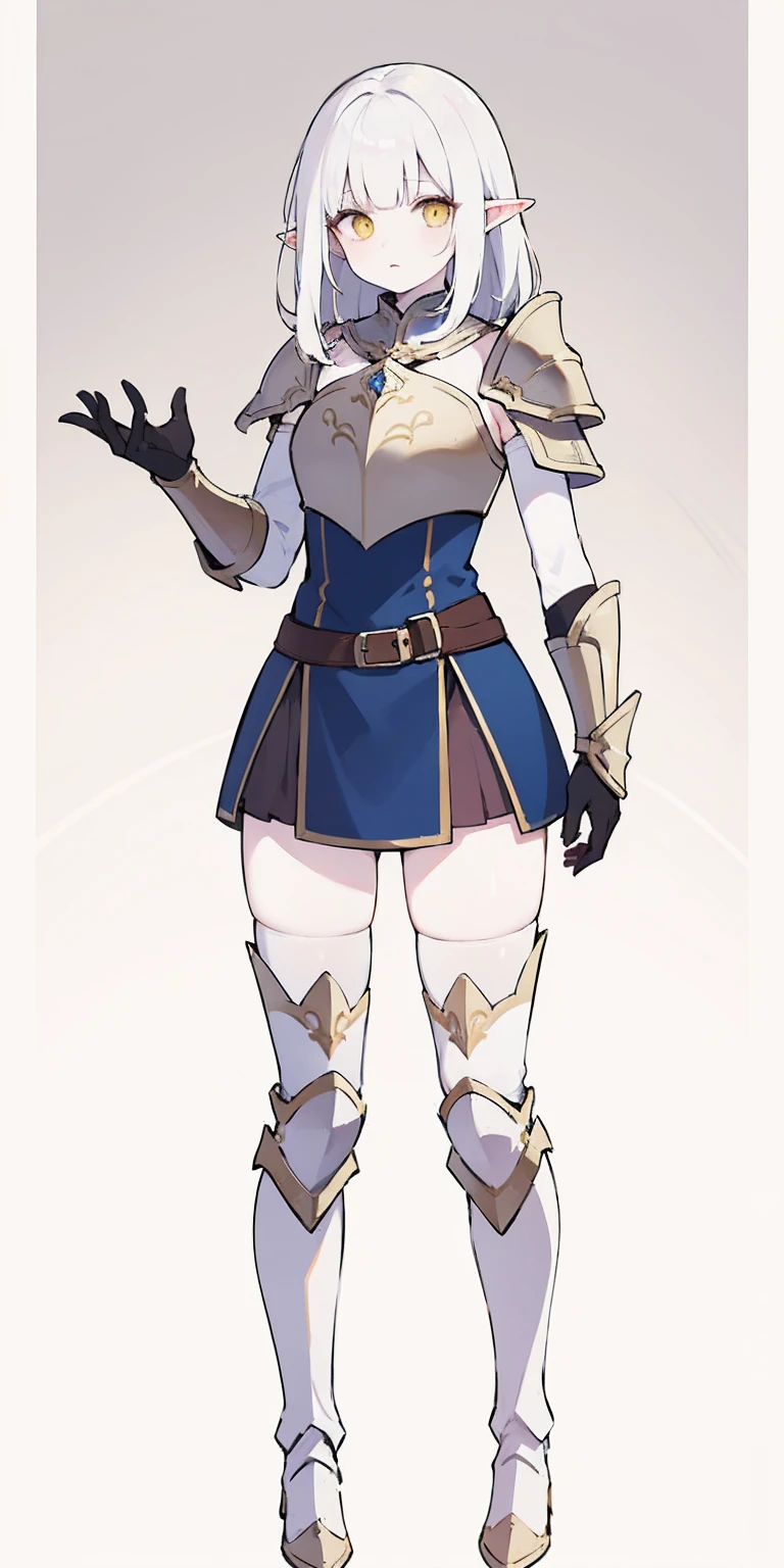 masterpiece, best quality, high quality, white SKIN elf, long hair, white hair, yellow eyes, full body, def_effie, blue breastplate, white skin, looking at viewer, shiny, armor, thigh highs, high boots, shoulder armor, faulds, poleyn, gloves, gauntlets