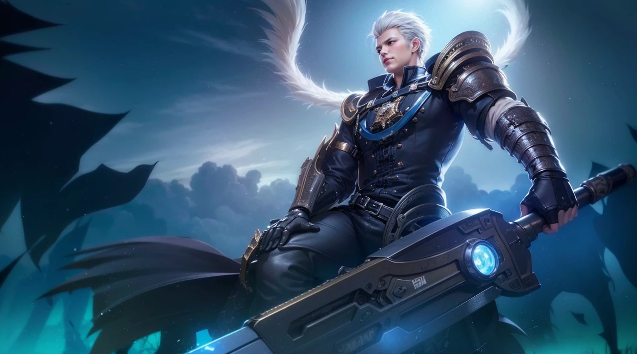 masculine male, masterpiece, ((perfect eyes)) best quality, (semirealism:1.9), beautiful lighting, (extremely detailed CG unity 4k fhd wallpaper), High Detail, Sharp focus, dramatic outdoors, 1 boy ,19 years old, white hair, light purpel eyes, smile. Attack on titan logo on sleeve