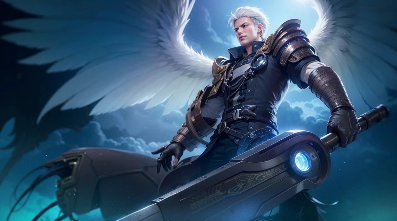 masculine male, masterpiece, ((perfect eyes)) best quality, (semirealism:1.9), beautiful lighting, (extremely detailed CG unity 4k fhd wallpaper), High Detail, Sharp focus, dramatic outdoors, 1 boy ,19 years old, white hair, light purpel eyes, smile. Attack on titan logo on sleeve