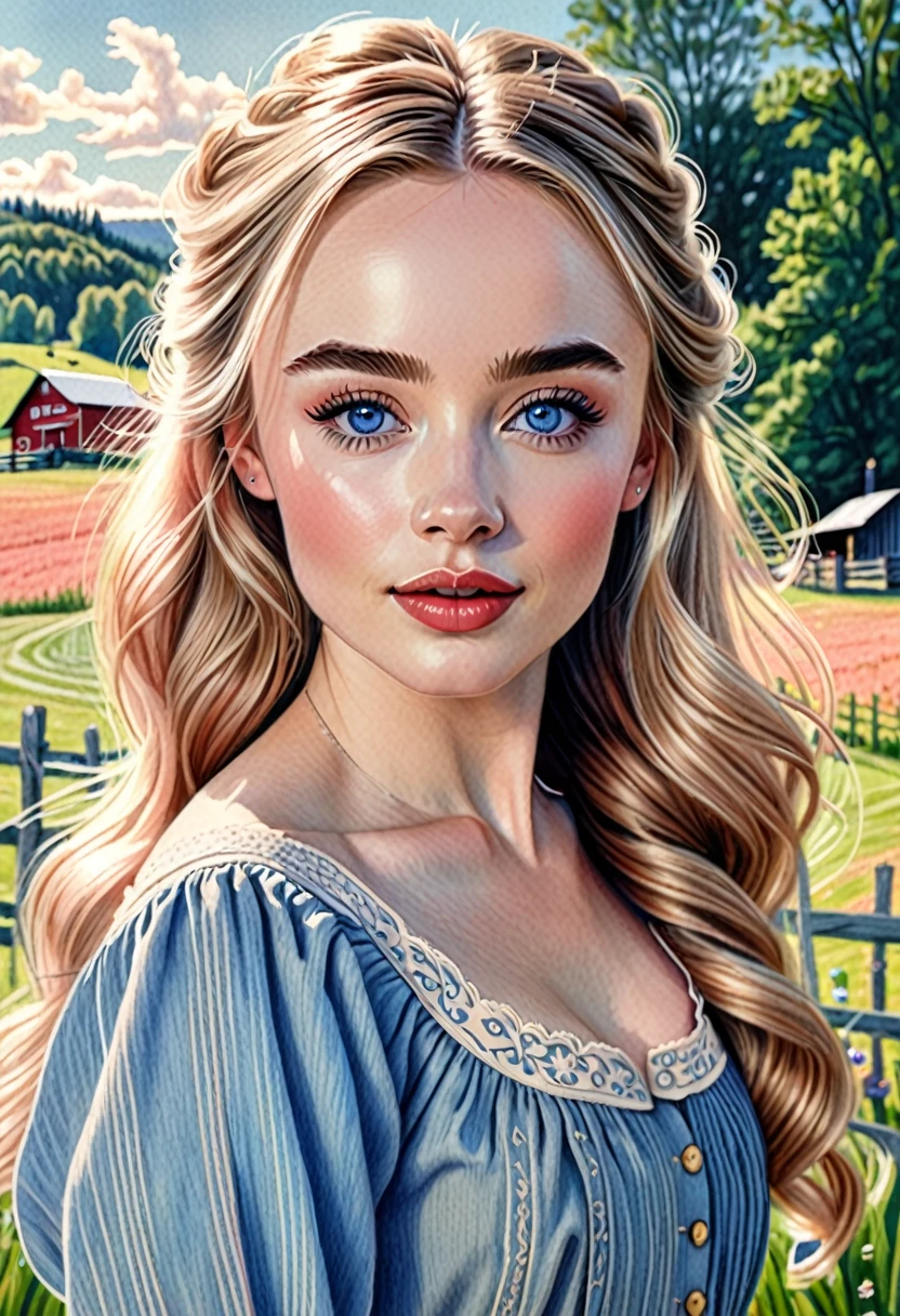 A colored pencil sketch of a beautiful swedish farm wife. crystal blue eyes. rosy complexion. full lips. Sabrina Carpenter. Sudectively dancing in a medow.