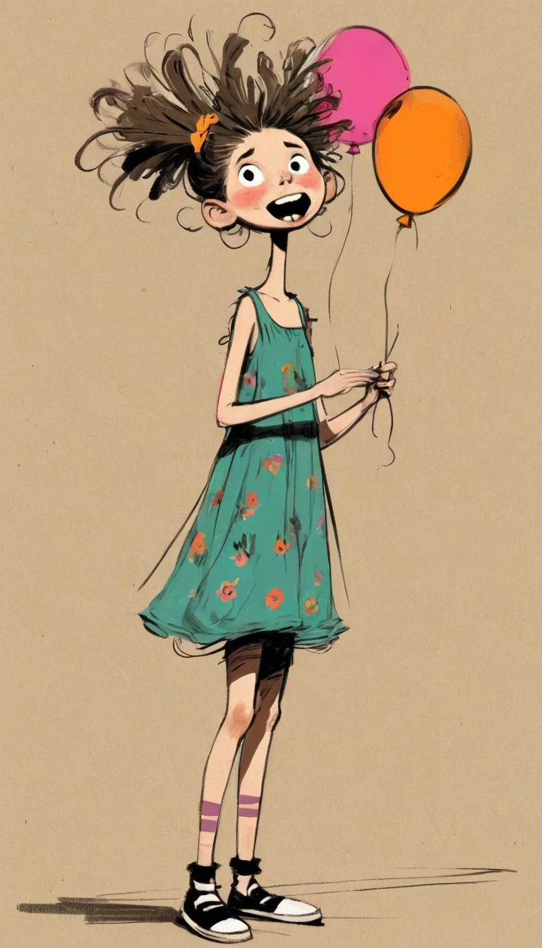 (((Exaggerated digital character sketches:1.37，Matchstick Men))).(1. Little Girl，(Exaggerated expression,Exaggerated hairstyle)，Messy hair)，(Black sketch lines，Loose brushstrokes create the outline，Cartoon Style. Bright colors and simplified lines, sketch)。(Exaggerated body movements，Holding a balloon in hand，Floral slip dress),(Large area of blank）