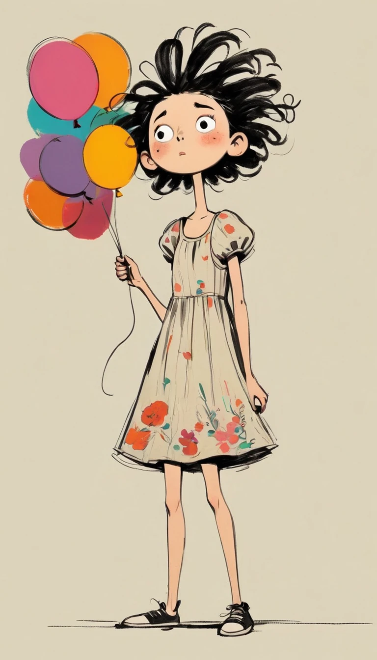 (((Exaggerated digital character sketches:1.37,Matchstick Men))).(1. Little Girl,(Exaggerated expression,Exaggerated hairstyle),Messy hair),(Black sketch lines,Loose brushstrokes create the outline,Cartoon Style. Bright colors and simplified lines, sketch)。(Exaggerated body movements,Holding a balloon in hand,Floral slip dress),(Large area of blank)