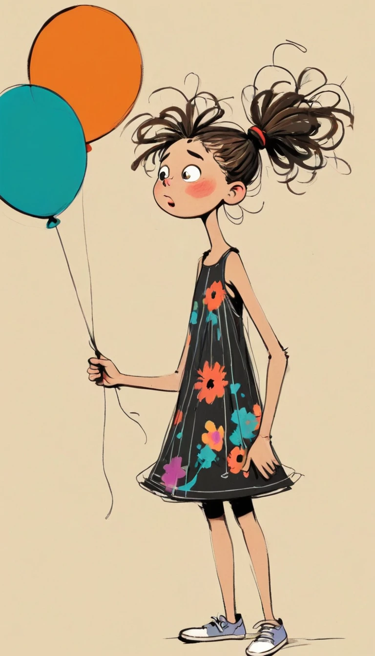 (((Exaggerated digital character sketches:1.37,Matchstick Men))).(1. Little Girl,(Exaggerated expression,Exaggerated hairstyle),Messy hair),(Black sketch lines,Loose brushstrokes create the outline,Cartoon Style. Bright colors and simplified lines, sketch)。(Exaggerated body movements,Holding a balloon in hand,Floral slip dress),(Large area of blank)