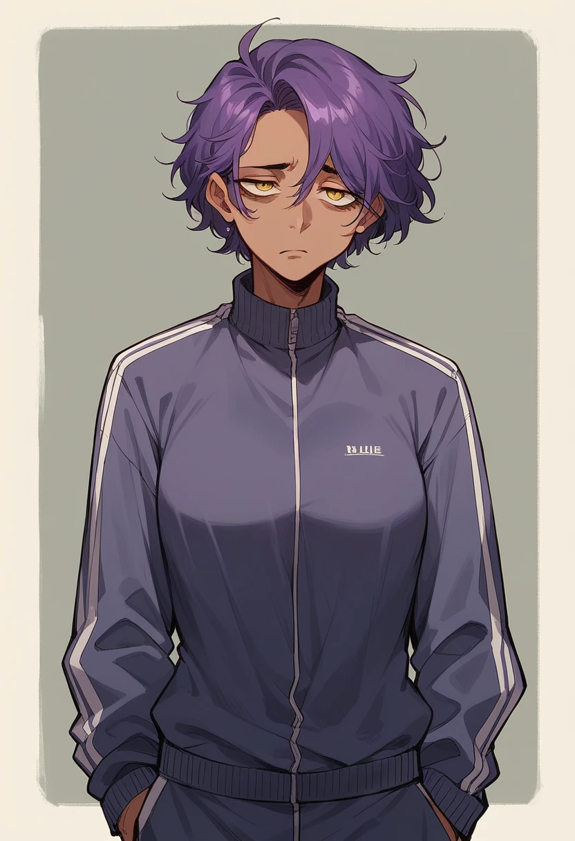 Dark-skinned milf, long purple hair,yellow eyes full of dark circles,tired,wearing a tracksuit