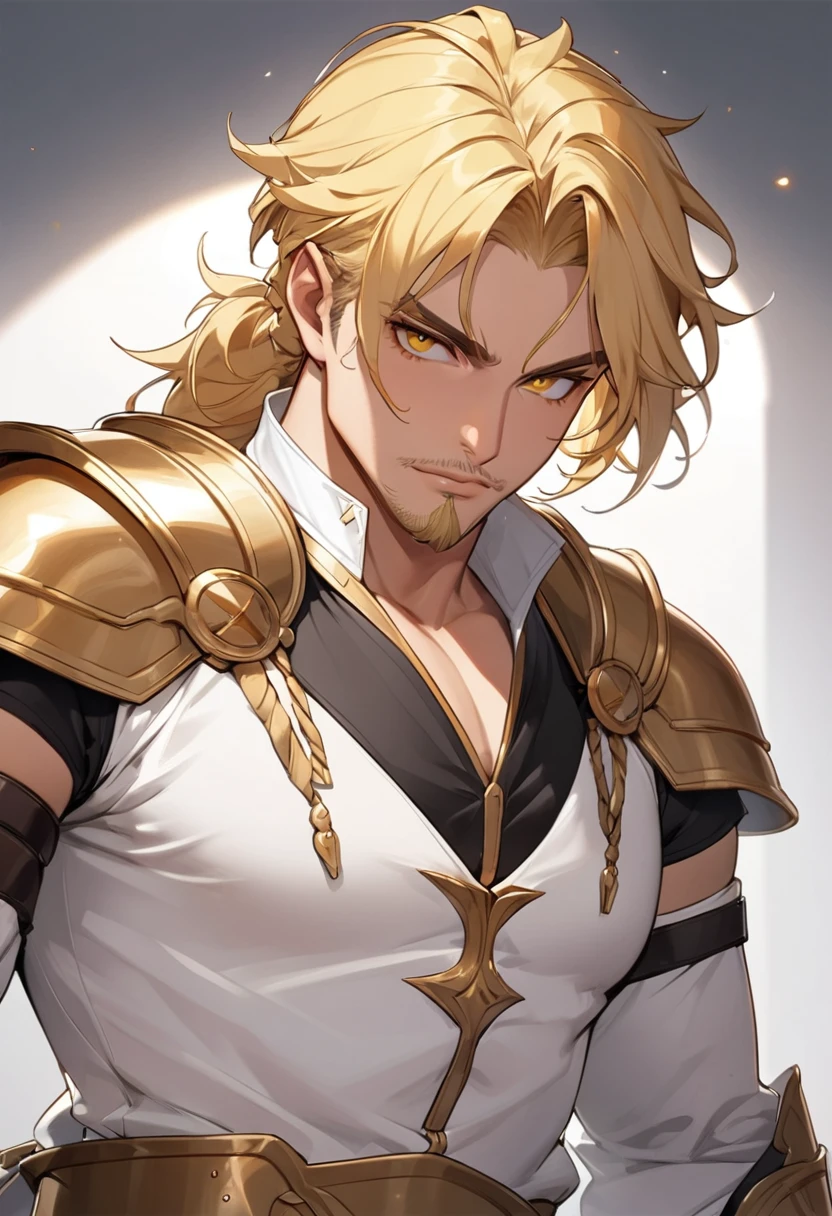 naughty man, warrior, Mediovale, wearing thick white clothes, blonde hair and bright golden eyes, sem beard