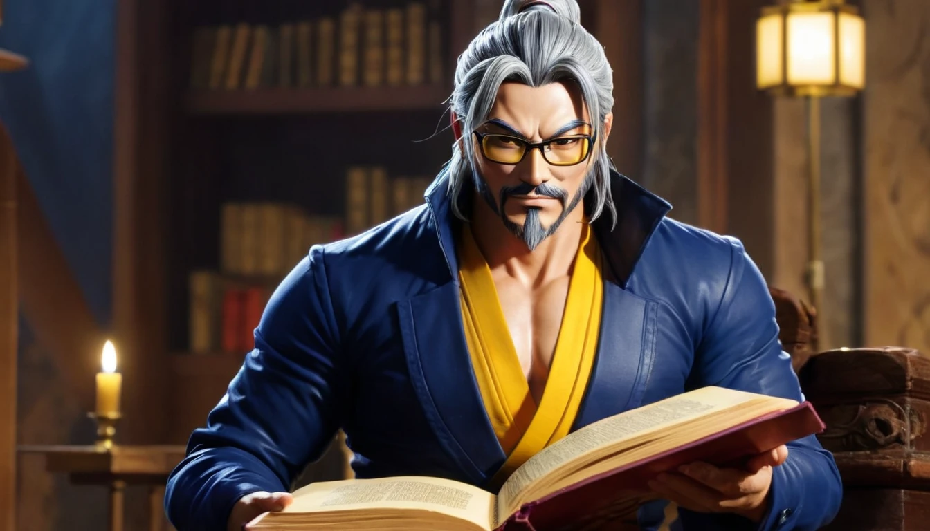 Create an image of Hanzo, the character with gray hair, wearing glasses and a sinister mask, dressed in a blue vest and yellow shirt. In this image, Hanzo is sitting on a chair, with a book in one hand and a sly smile on his face. The background should have a dark and eerie atmosphere, with shadows emphasizing his menacing presence