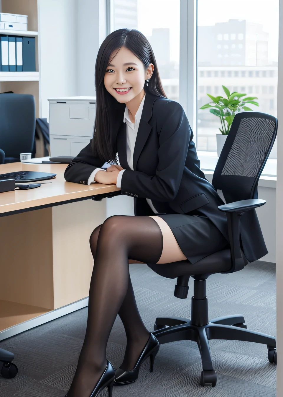 Highest quality, Photorealistic,、Clear Beauty、(Full body photo)、Woman sitting in office chair,、Black Hair、Ear piercing、smile、Beautiful teeth alignment、 Jacket, Knee-length skirt、tights、, pumps, The background is the office