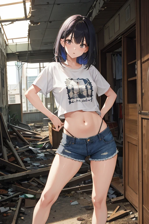 A beautiful girl exploring an abandoned building、Denim hot pants、Belly-baring T-shirt