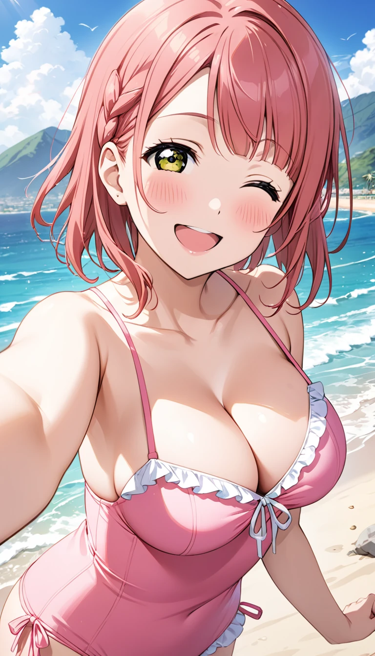 Uehara Ayumu from Love Live, pink hair, pink swimsuit, beach, sea, mountains, smiling, taking a selfie, high resolution, winking,Highest quality、masterpiece、Cleavage、Cowboy Shot,