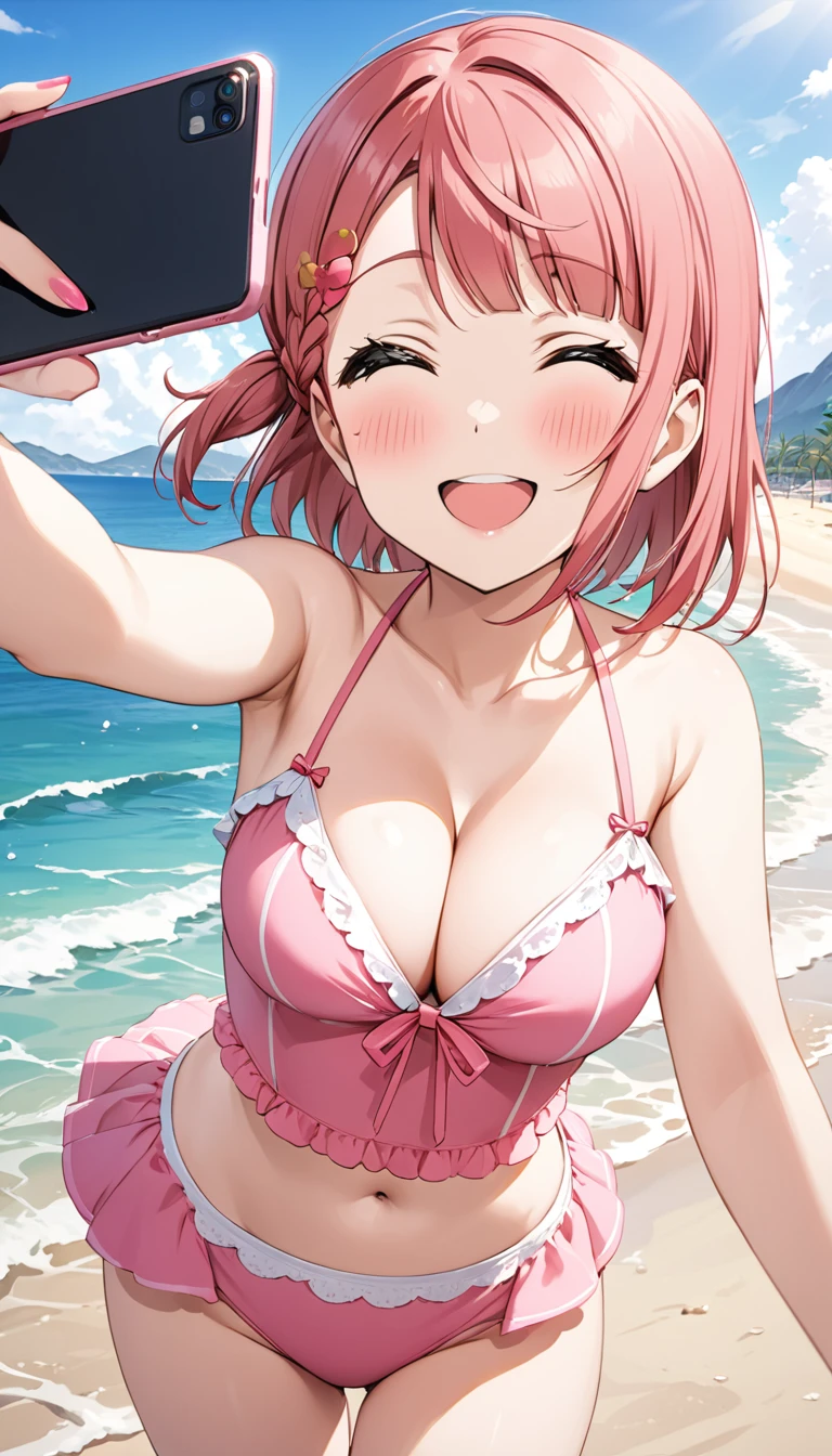 Uehara Ayumu from Love Live, pink hair, pink swimsuit, beach, sea, mountains, smiling, taking a selfie, high resolution, winking,Highest quality、masterpiece、、Cowboy Shot,