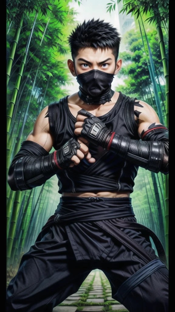 (((Cover your nose and neck with black cloth)))、Japanese men、Fromside、(((battoujutsu stance,weapon)))、((Sleeveless ninja jacket))、(((Ninja Pants)))、（((Ninja Tabi))）（Arm tattoo）、Muscular、(Glowering look、looking at viewer、big eyes、furious)、((Bamboo grove)、sidecut Spiky hair、16 years old、((full body))、 Detailed Background, The finer details、Real、3K、Highest quality