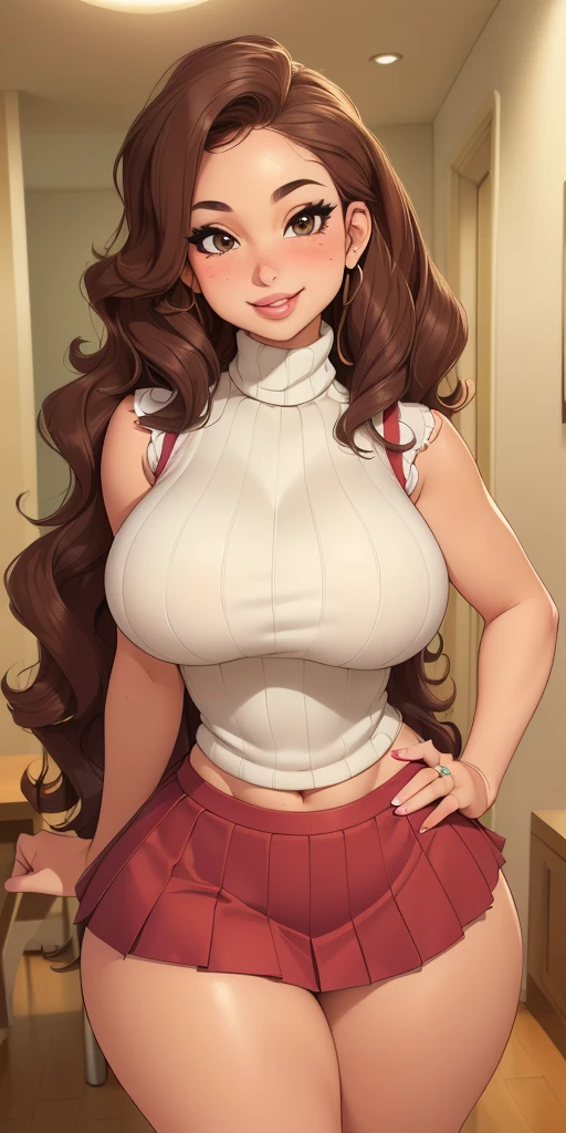 A full-color half-body portrait of the ideal beautiful Hispanic woman (((24 years old, wavy hair, wide hips, big butt, sultry, flirty smile, flirty eyes, flirty expression, perky breasts, hands on her hips, sleeveless turtleneck and pleated skirt))) comforting the viewer, Highly detailed eyes, in an apartment