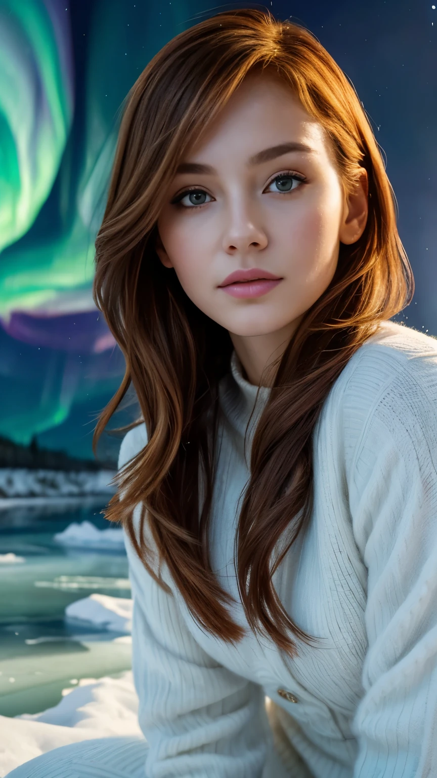 michelle can, original, (masterpiece), (extremely fine and beautiful), (perfect details), (unity CG 8K wallpaper:1.05), (frozen river , Northern Lights, background:1.25), (depth of field:0.7),1girl, red head, russian young women 18 years old, long white dress, hair blowing with the wind:1.1),kneeling on the ice, closeup of face, (moon light:0.6), night (winter), (night:1.2), (upper body)
