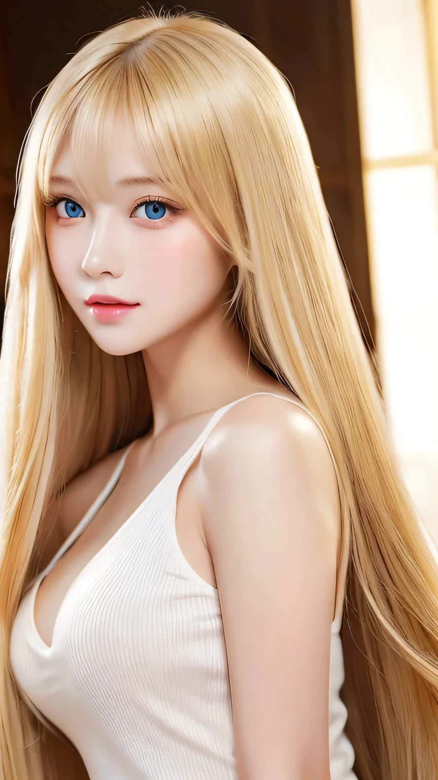 Beautiful super long straight silky hair with a dazzling golden shine、Bright expression、Blonde girl posing in a white top、Long golden bangs between the eyes,,、Glossy fair skin、Glowing Cheeks、Reality Girls、、Beautiful girl with shining golden platinum blonde、Beautiful big bright blue eyes