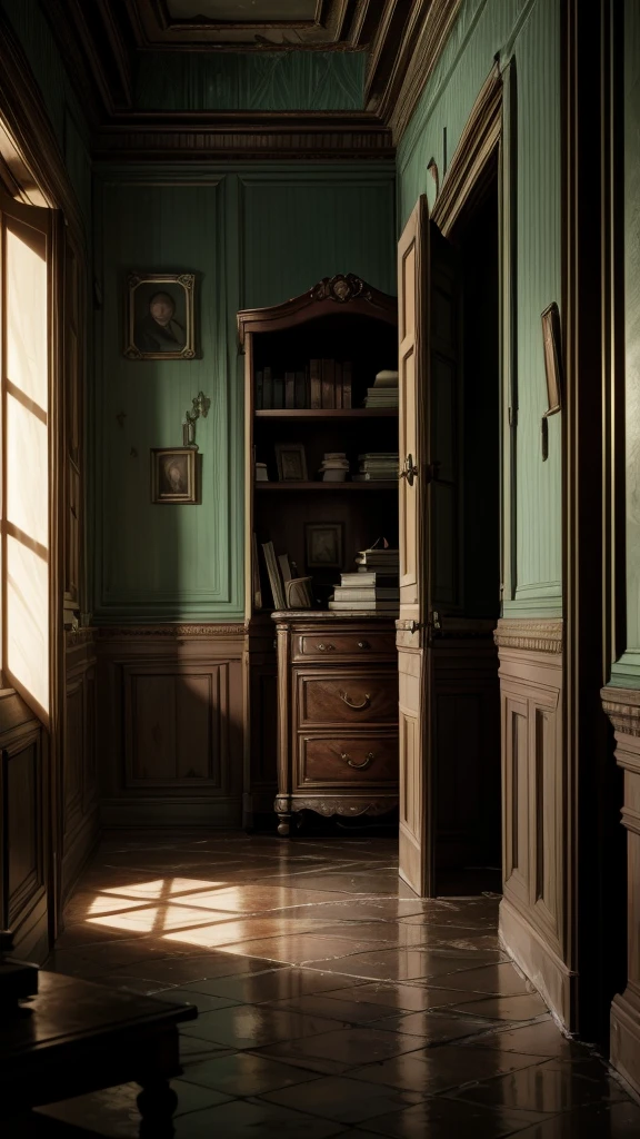 a beautiful mystery story, (best quality,4k,8k,highres,masterpiece:1.2),ultra-detailed,(realistic,photorealistic,photo-realistic:1.37),cinematic lighting, dark moody atmosphere, abandoned mansion, dramatic shadows, intricate interior details, old antique furniture, eerie atmosphere, a single candle lighting the room,(dramatic,suspenseful:1.2),crime scene investigation,detective story,agatha christie novel,empty room,abandoned house,moody lighting