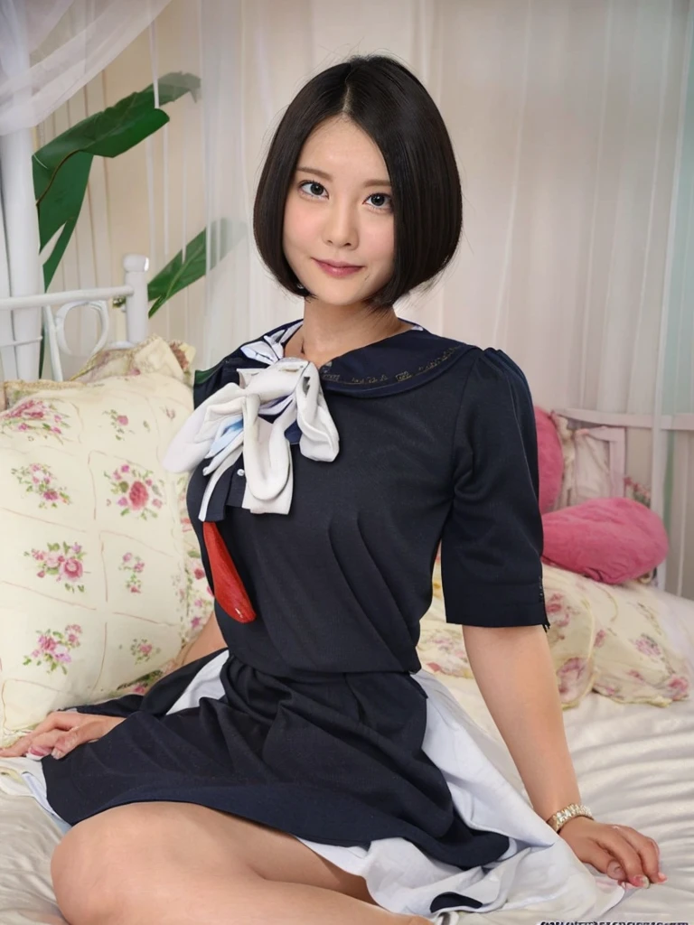 Highest quality、masterpiece、8k、Very detailed、Realistic、Looking at me with a smile、whole body、Black Hair、Short Hair、Small face、Slender、(Big Breasts)、Thin and beautiful legs、narrow and constricted waist,、Victorian maid clothes