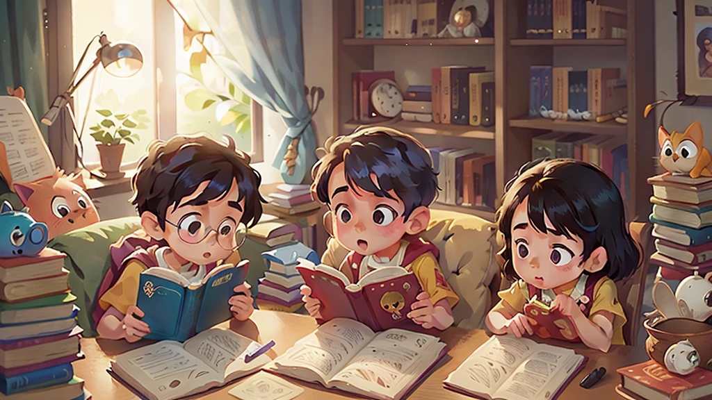 Image inspired by Disney/Pixar,Photographed children reading books,Library scene,high quality