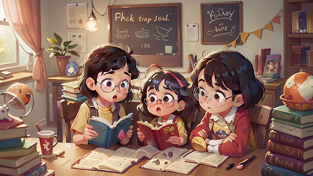 Image inspired by Disney/Pixar,Photographed children reading books,Library scene,high quality