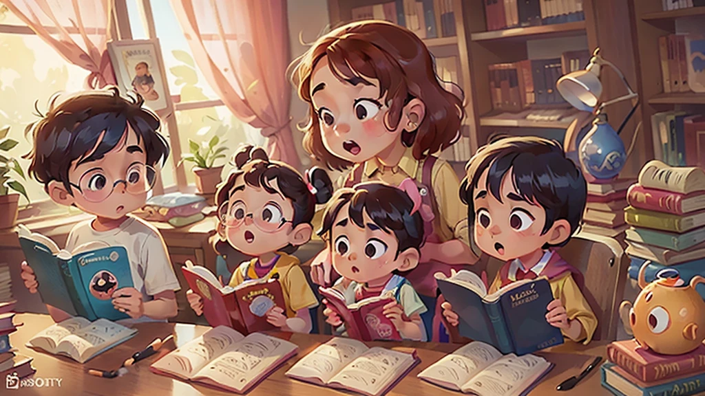 Image inspired by Disney/Pixar,Photographed children reading books,Library scene,high quality