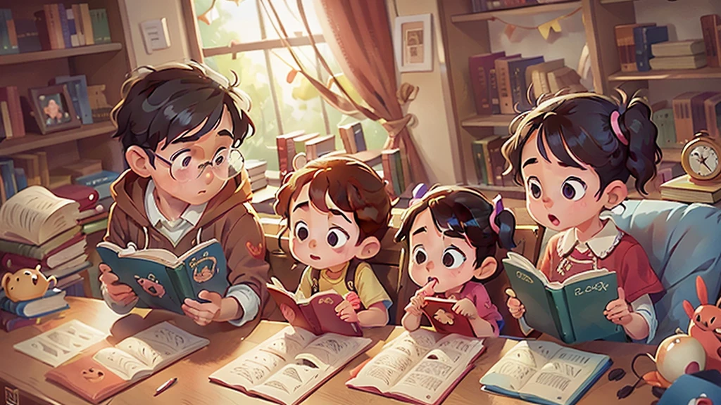 Image inspired by Disney/Pixar,Photographed children reading books,Library scene,high quality